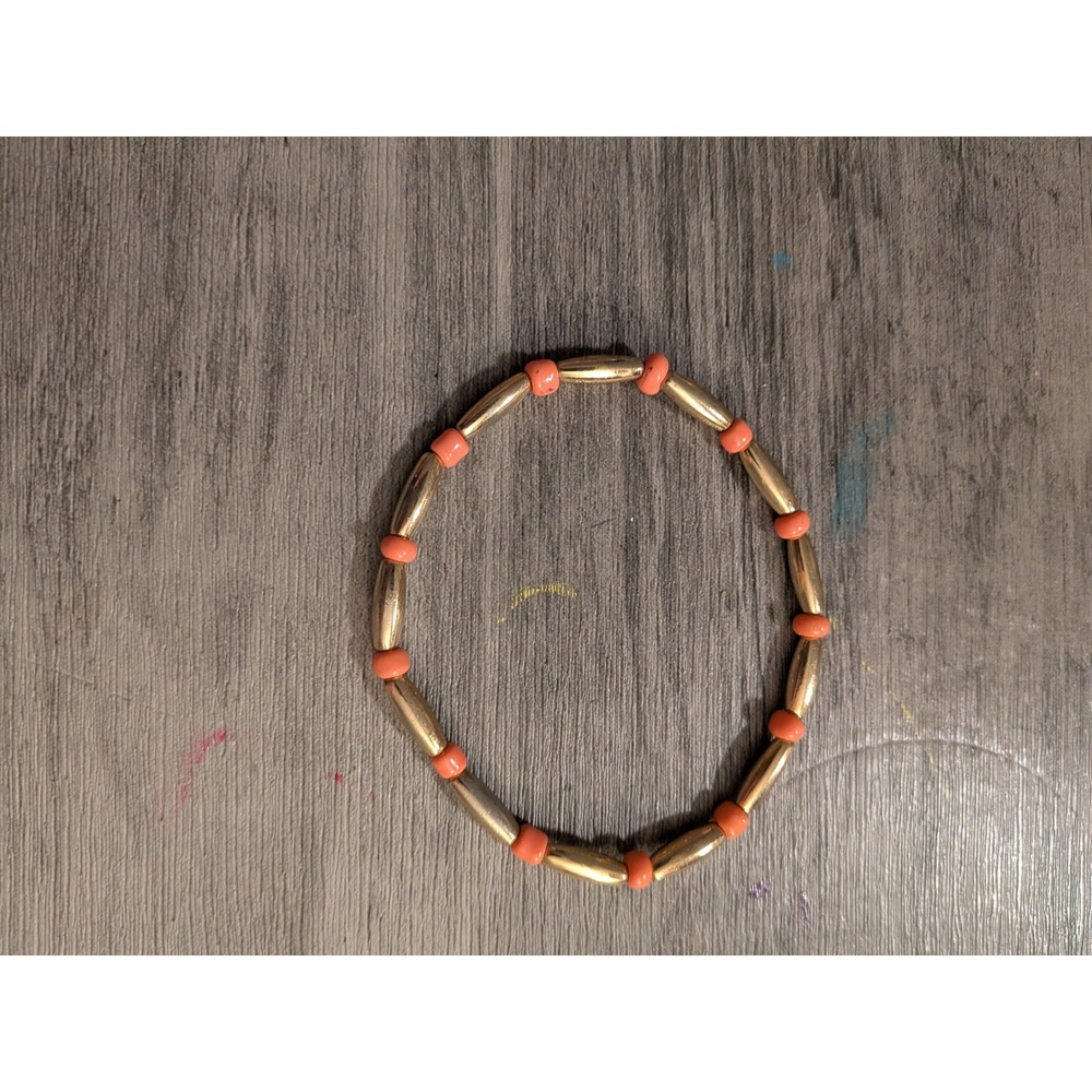 Gold Tone Tube and Coral Pink Seed Bead Elastic Stretch Bracelet Boho Minimalist